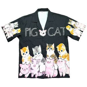 J&M Pig and Cat Shirt Mens 2XL Black Button Up SS Anime Camp Calico Golf Bowling